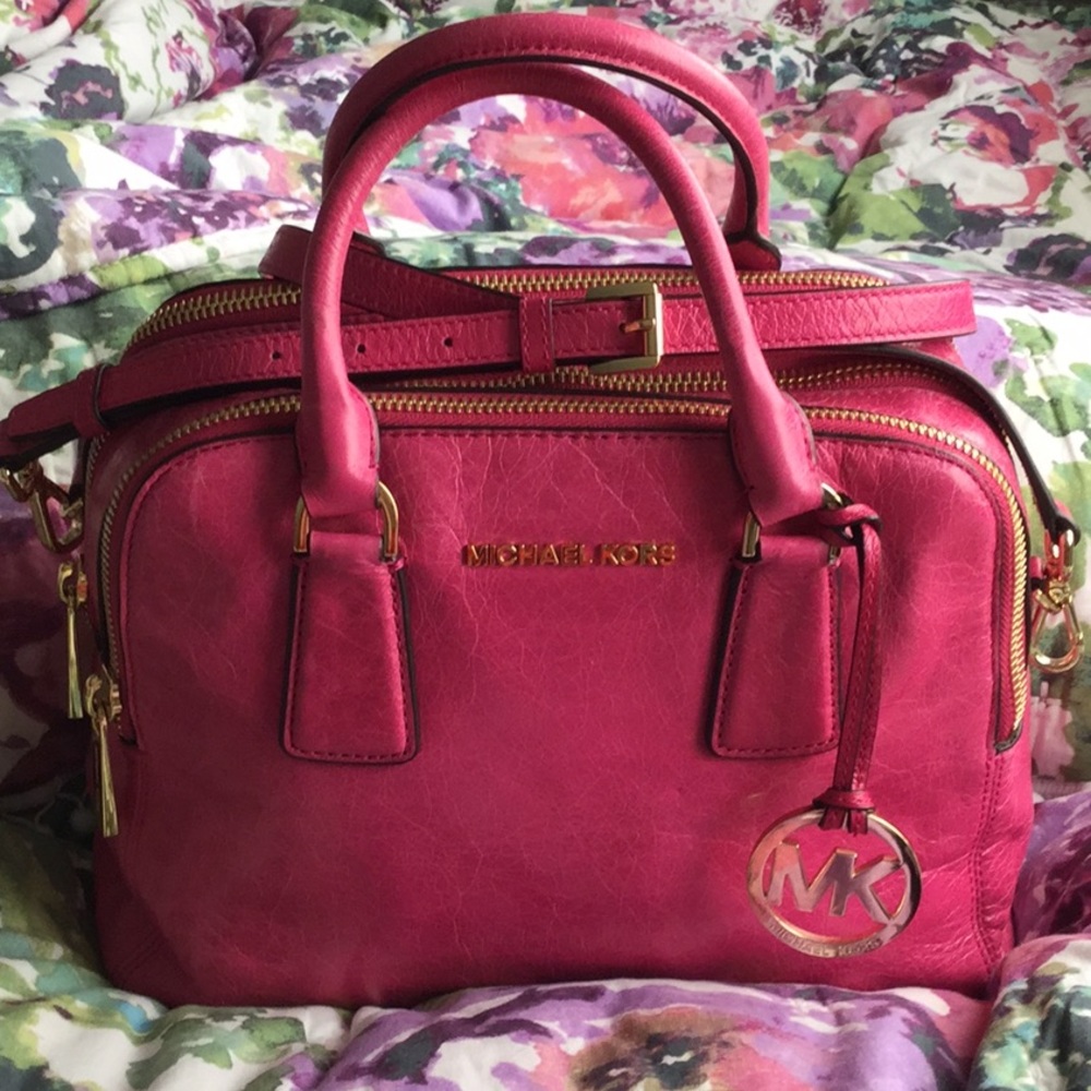 Michael Kors Hot Pink Leather Satchel with Gold Hardware